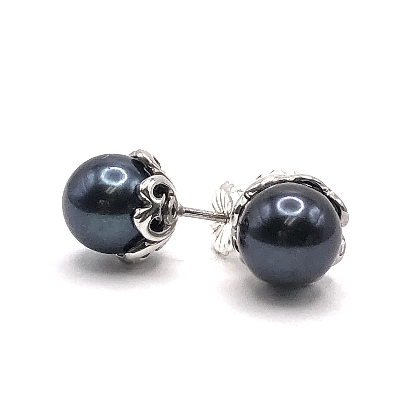 9mm Freshwater Black Pearl Cup Earrings, Sterling Silver